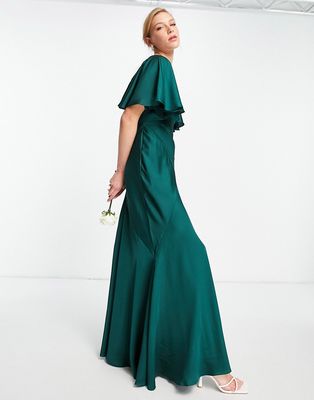 ASOS EDITION satin flutter sleeve maxi dress with strap details in forest green