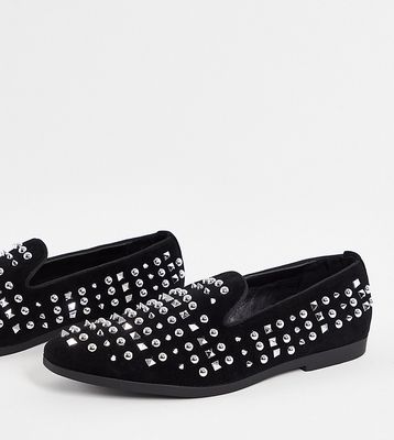 Truffle Collection wide fit faux suede studded slip on loafers in black