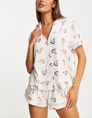 Chelsea Peers foil pizza short button up pajama set in cream-Neutral