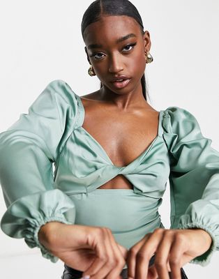 Love & Other Things ruched top with exaggerated sleeves in sage green