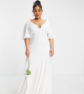 ASOS EDITION Curve Serenity satin wedding dress with flutter sleeve-White