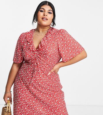Wednesday's Girl Curve ruched front v-neck flippy tea dress in red ditsy
