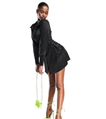 ASYOU satin shirt dress with lace-up sides in black