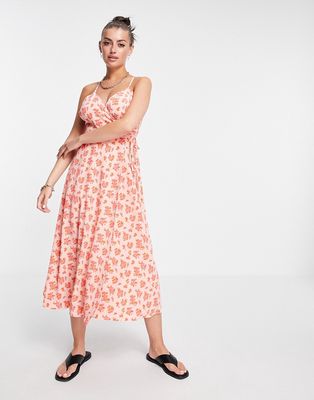 Fashion Union wrap midi dress with cross cami straps in vintage floral-Pink