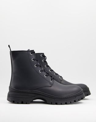 Selected Homme lace up boot with chunky sole in matt black