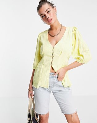 Fashion Union smock top with frill sleeves in brown ditsy-Yellow