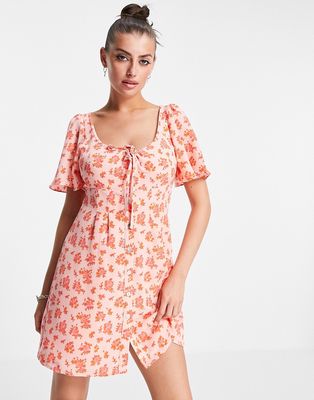 Fashion Union mini smock dress with frill sleeves in vintage floral-Pink