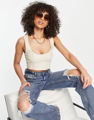 Rebellious Fashion leather look crop top in ecru - part of a set-Neutral