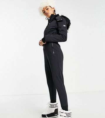 ASOS 4505 Petite ski fitted belted ski suit with fur faux hood-Black