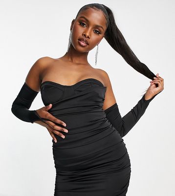 ASYOU satin ruched bust cup mini dress with gloves in black