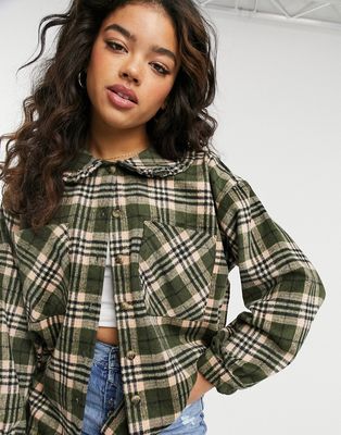 Pieces oversized shirt with prairie collar in green plaid-Multi