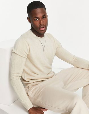 French Connection soft touch logo crew neck sweater in stone-Neutral