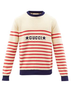 Gucci - Logo-intarsia Striped Cotton Sweater - Mens - Cream Multi