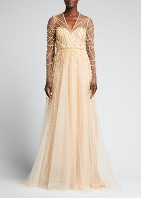 Bead & Pearl Embroidered Tulle Gown