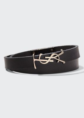 Leather YSL Monogram Double-Wrap Bracelet, Black