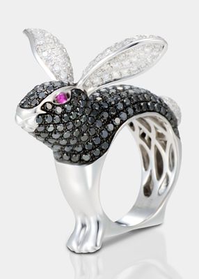 18k White Gold Black and White Diamond Bunny Ring