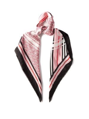Burberry - Tb-monogram And Striped Silk-twill Scarf - Womens - Pink Multi