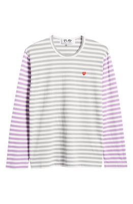 COMME DES GARCONS PLAY Small Heart Stripe Colorblock Long Sleeve T-Shirt in Grey/Purple