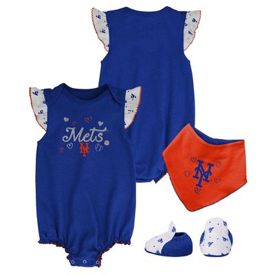 Outerstuff Girls Newborn & Infant Royal New York Mets 3-Piece Home Plate Bodysuit Bib & Booties Set
