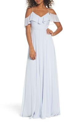 Jenny Yoo Cold Shoulder Chiffon Gown in Whisper Blue