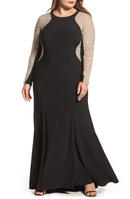 Xscape Embellished Jersey Gown in Black/Nude/Silver