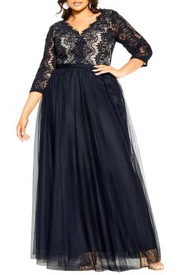 City Chic V-Neck Lace & Tulle Gown in Navy