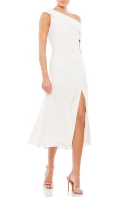 Mac Duggal Foldover Ruched One-Shoulder Chiffon Midi Dress in White
