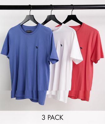 Abercrombie & Fitch 3 pack t-shirts in red, white and blue with logo-Multi