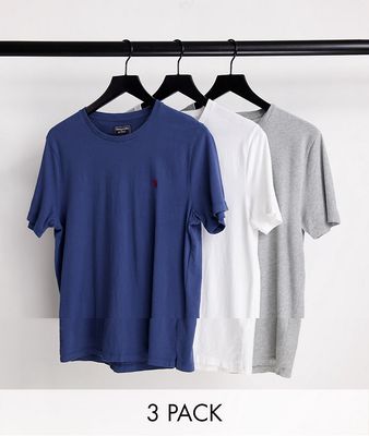 Abercrombie & Fitch 3 pack T-shirts in cream, white and navy with logo-Multi
