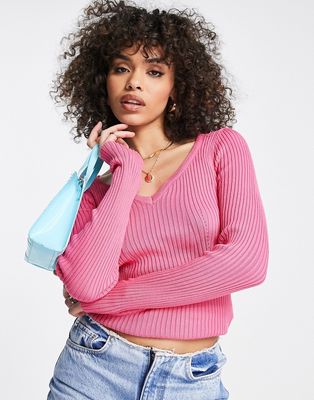QED London sweetheart neck ribbed sweater in pink