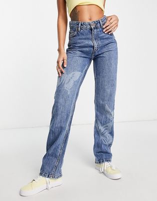 Bershka straight leg jeans with butterfly detail in blue