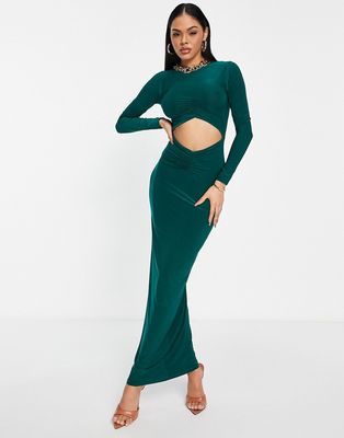 Femme Luxe long sleeve cut out detail slinky midi dress in green