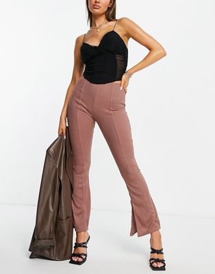 Missyempire ribbed jersey flare pants in chocolate - part of a set-Brunette