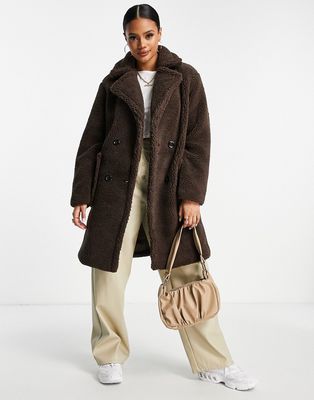 QED London double breasted sherpa coat in chocolate-Brown