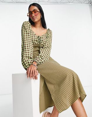 Y.A.S sweetheart neck midi dress in brown & yellow check-Multi