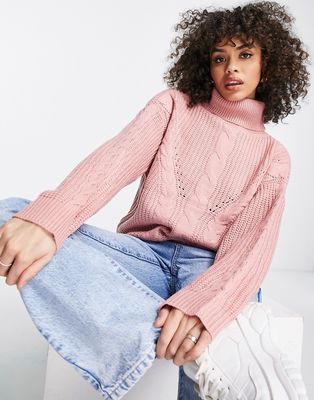 QED London roll neck cable knit sweater in dusky pink