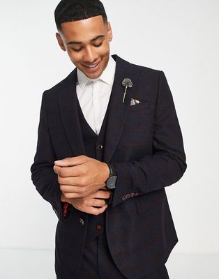 Harry Brown wedding slim fit tweed check wool mix wide lapel suit jacket-Navy