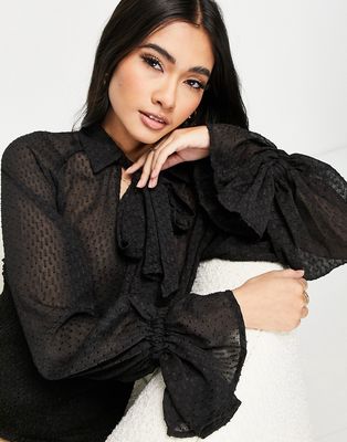Vila pussybow textured blouse with shirred waist in black