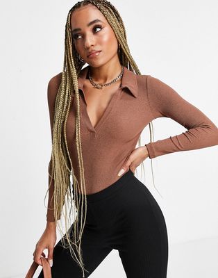 ASOS DESIGN fitted polo bodysuit in brown