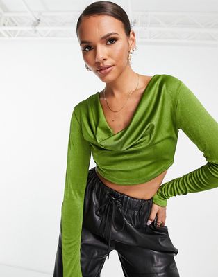Rebellious Fashion cowl neck long sleeve crop top in green
