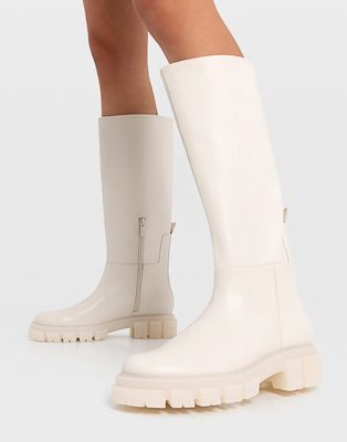Stradivarius knee boots with chunky sole in cream-White