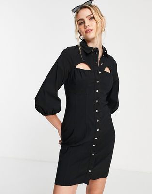 River Island cut-out mini shirt dress in black