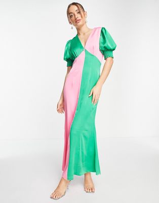 Never Fully Dressed contrast puff sleeve maxi dress in color block-Multi