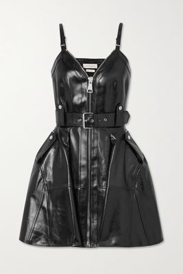 Alexander McQueen - Belted Embellished Leather Mini Dress - Black