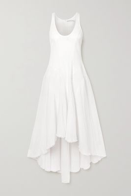 Rue Mariscal - Fringed Asymmetric Mesh-paneled Cotton Midi Dress - White