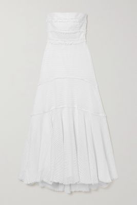 Rue Mariscal - Strapless Frayed Crocheted Cotton Midi Dress - White