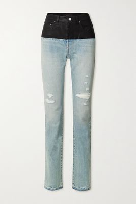 AMIRI - Leather-paneled Distressed Denim High-rise Slim-leg Jeans - Black