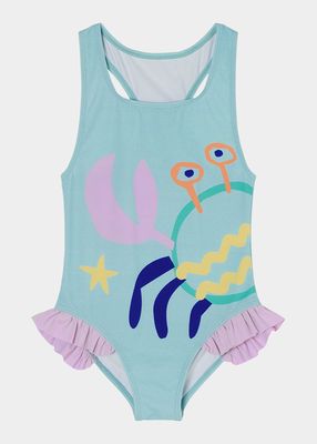 Girl's Crab Graphic One-Piece Swimsuit, Size 2-12