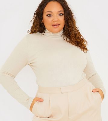In The Style Plus x Perrie Sian roll neck ribbed bodysuit in ecru-Gray