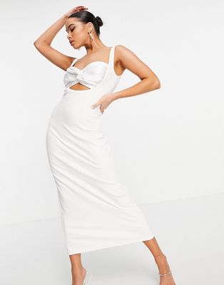 Yaura peekaboo twist bust satin midi dress with thigh split in ivory-White